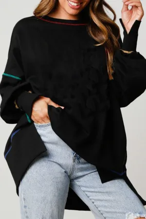 Black Contrast Stitching Split Baggy Sweatshirt
