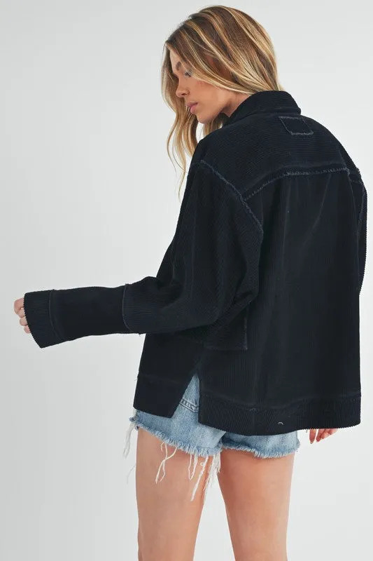 Black Exposed Seam Button Up Corduroy Jacket