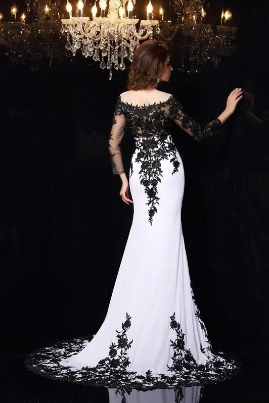 Black Floral Lace Wedding Dress White Chiffon Illusion Neckline
