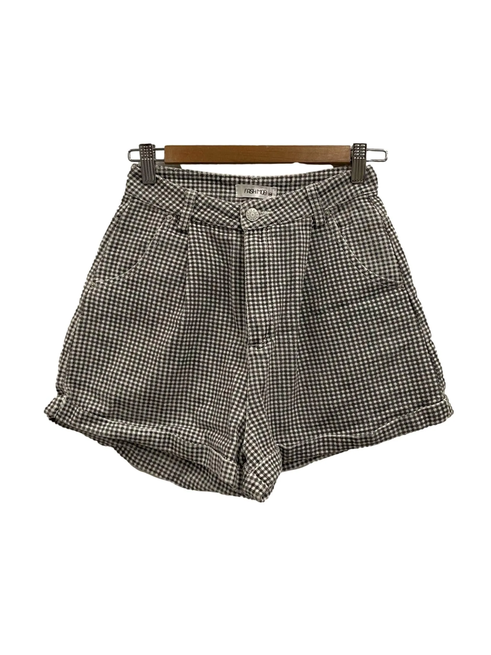 Black Gingham High Waist Denim Shorts