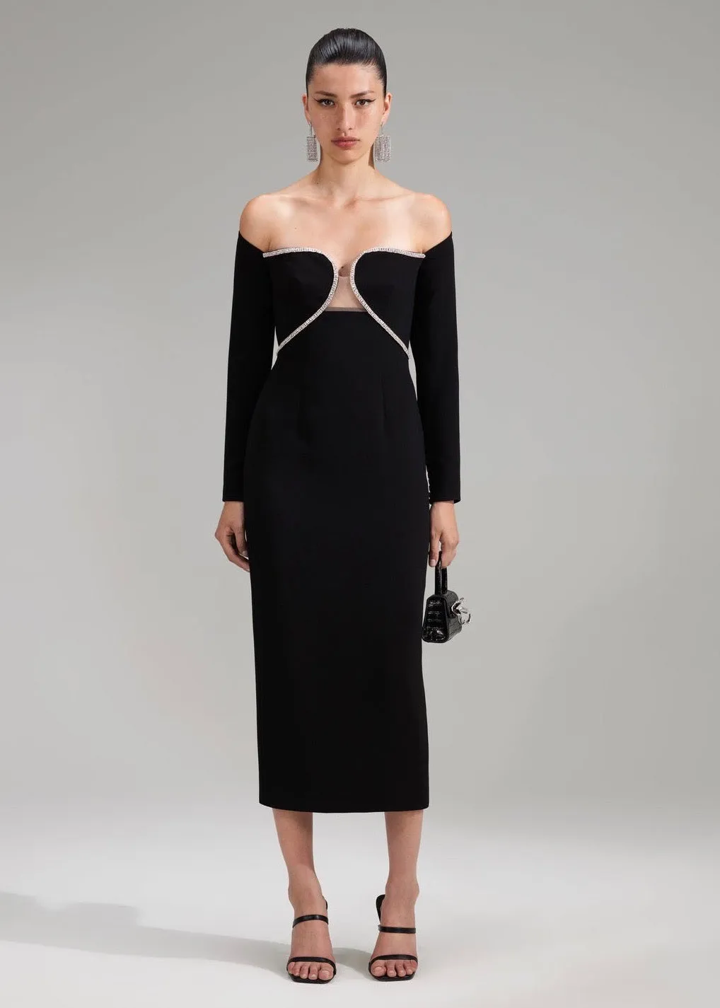 Black Off Shoulder Heavy Midi Dress (Black)