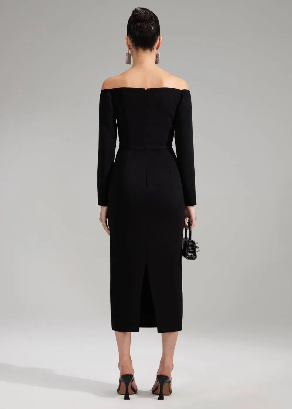 Black Off Shoulder Heavy Midi Dress (Black)