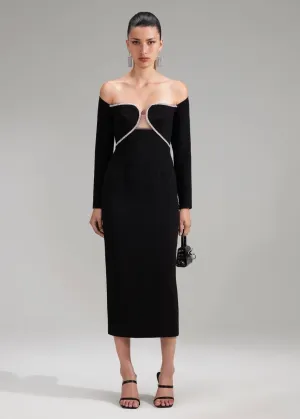 Black Off Shoulder Heavy Midi Dress (Black)