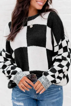 Black Plaid Knitted Round Neck Drop Shoulder Sweatshirt