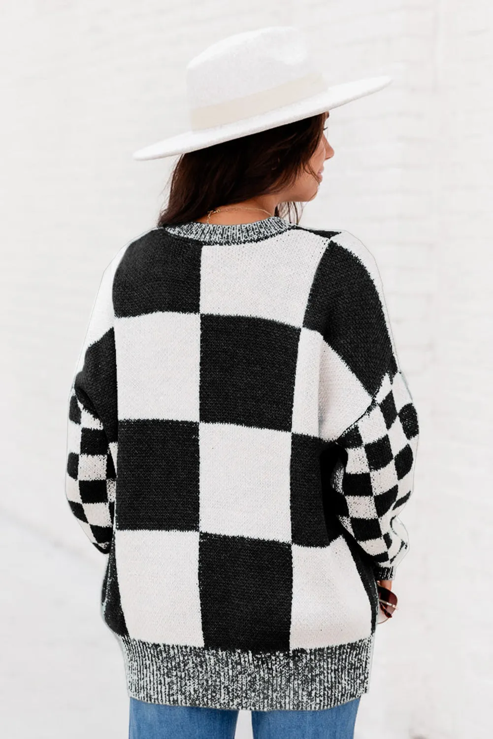 Black Plaid Knitted Round Neck Drop Shoulder Sweatshirt