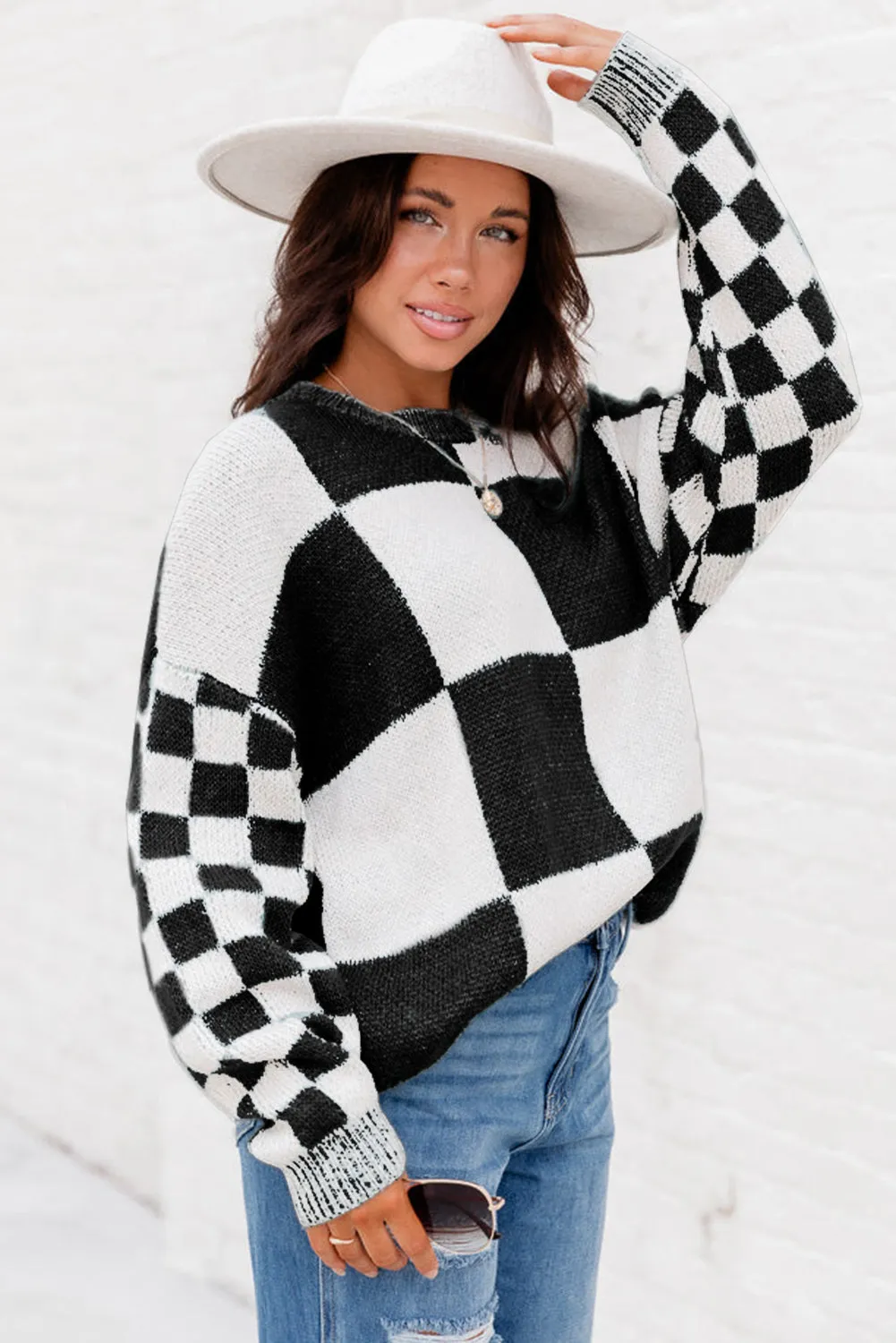 Black Plaid Knitted Round Neck Drop Shoulder Sweatshirt