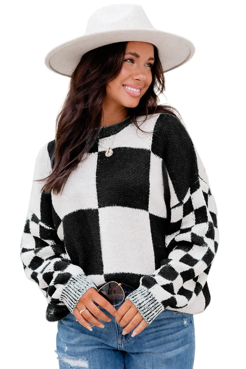 Black Plaid Knitted Round Neck Drop Shoulder Sweatshirt