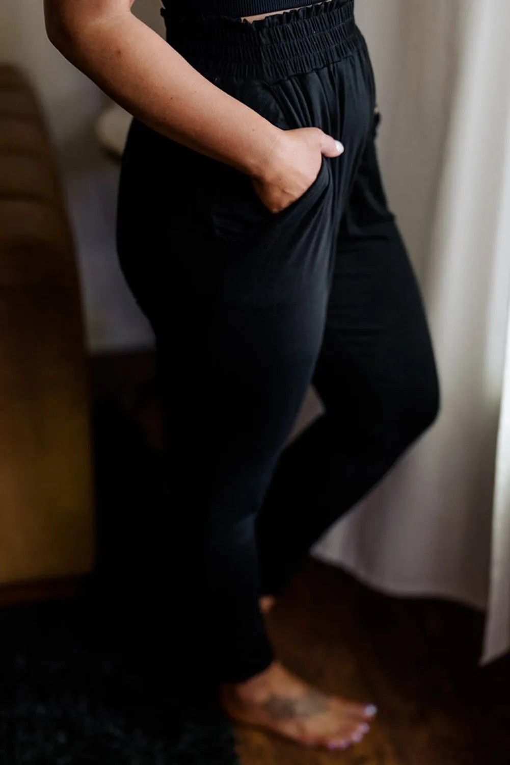 Black Plus Size Frill High Wasit Pocketed Soft Pants
