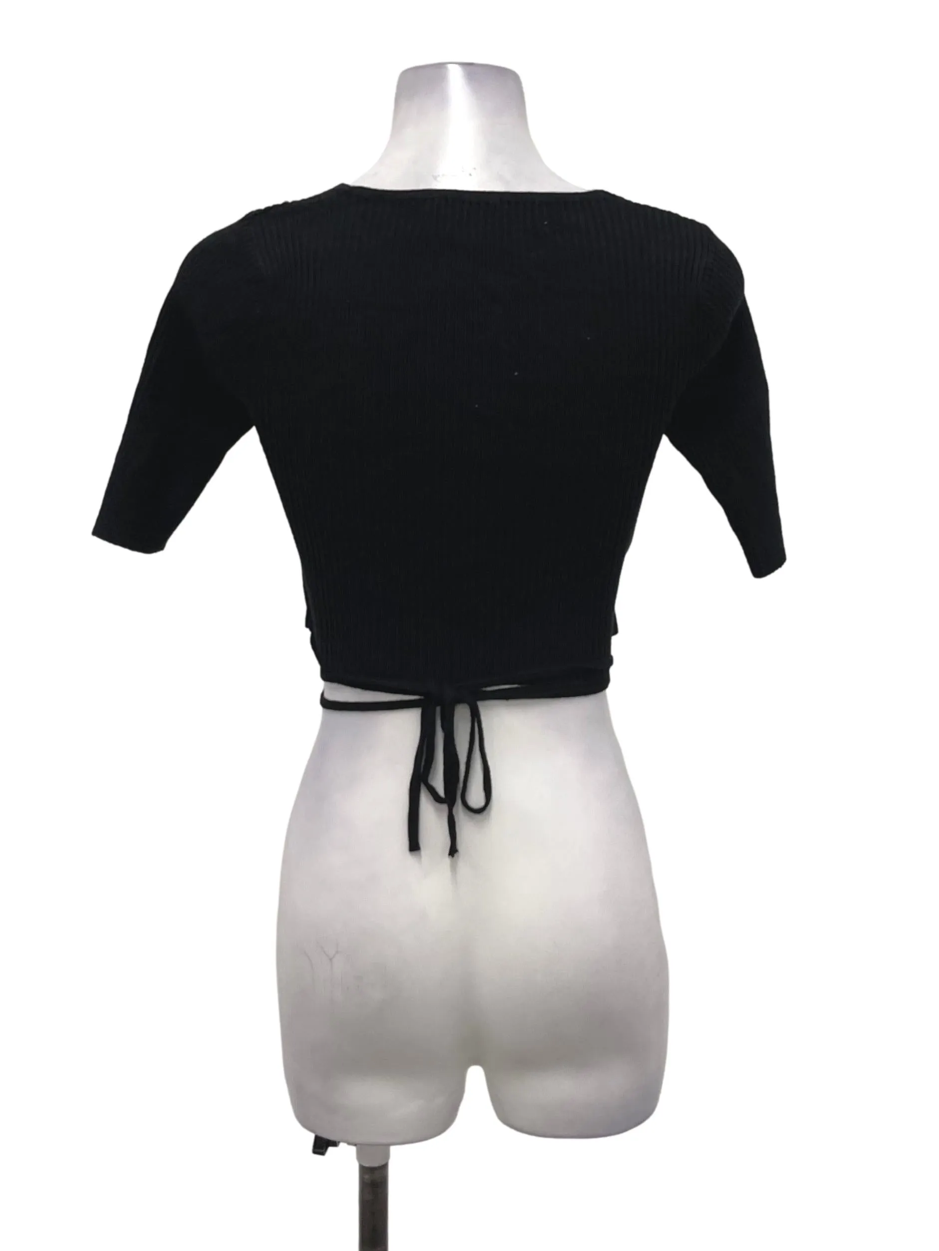 Black V-Neck Ribbed Tie Top