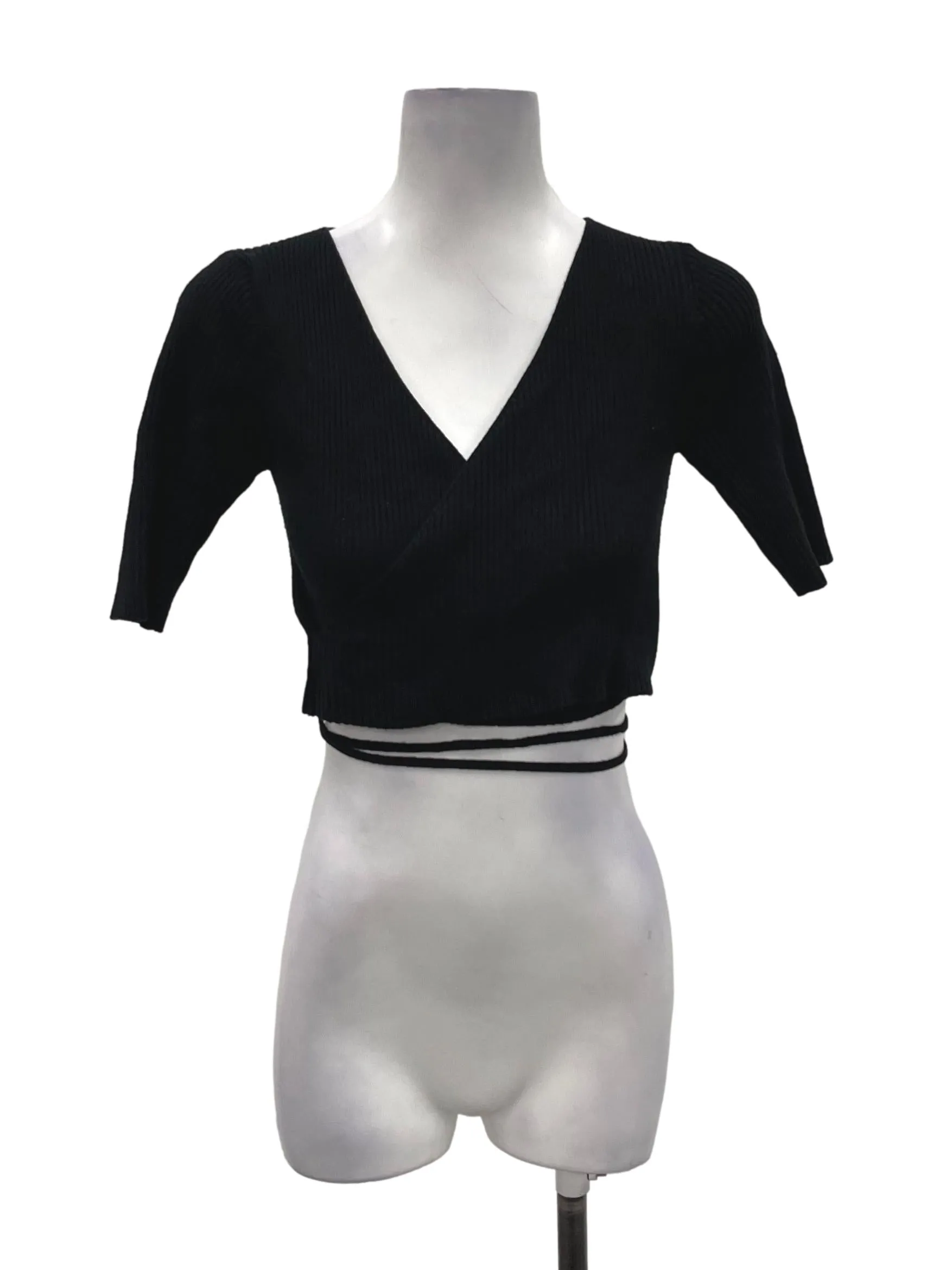 Black V-Neck Ribbed Tie Top