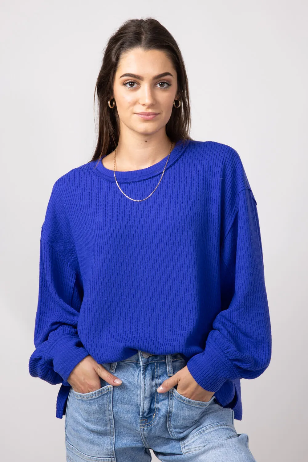 Blu Pepper Crewneck Ribbed Knit Shirt for Women in Cobalt | B2FT1043-COBALT
