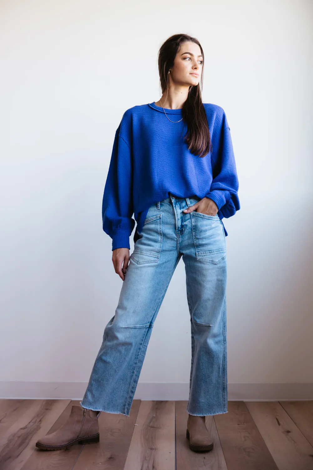 Blu Pepper Crewneck Ribbed Knit Shirt for Women in Cobalt | B2FT1043-COBALT