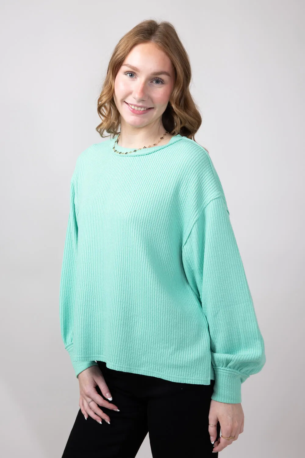 Blu Pepper Crewneck Ribbed Knit Shirt for Women in Mint | B2FT1043-MINT