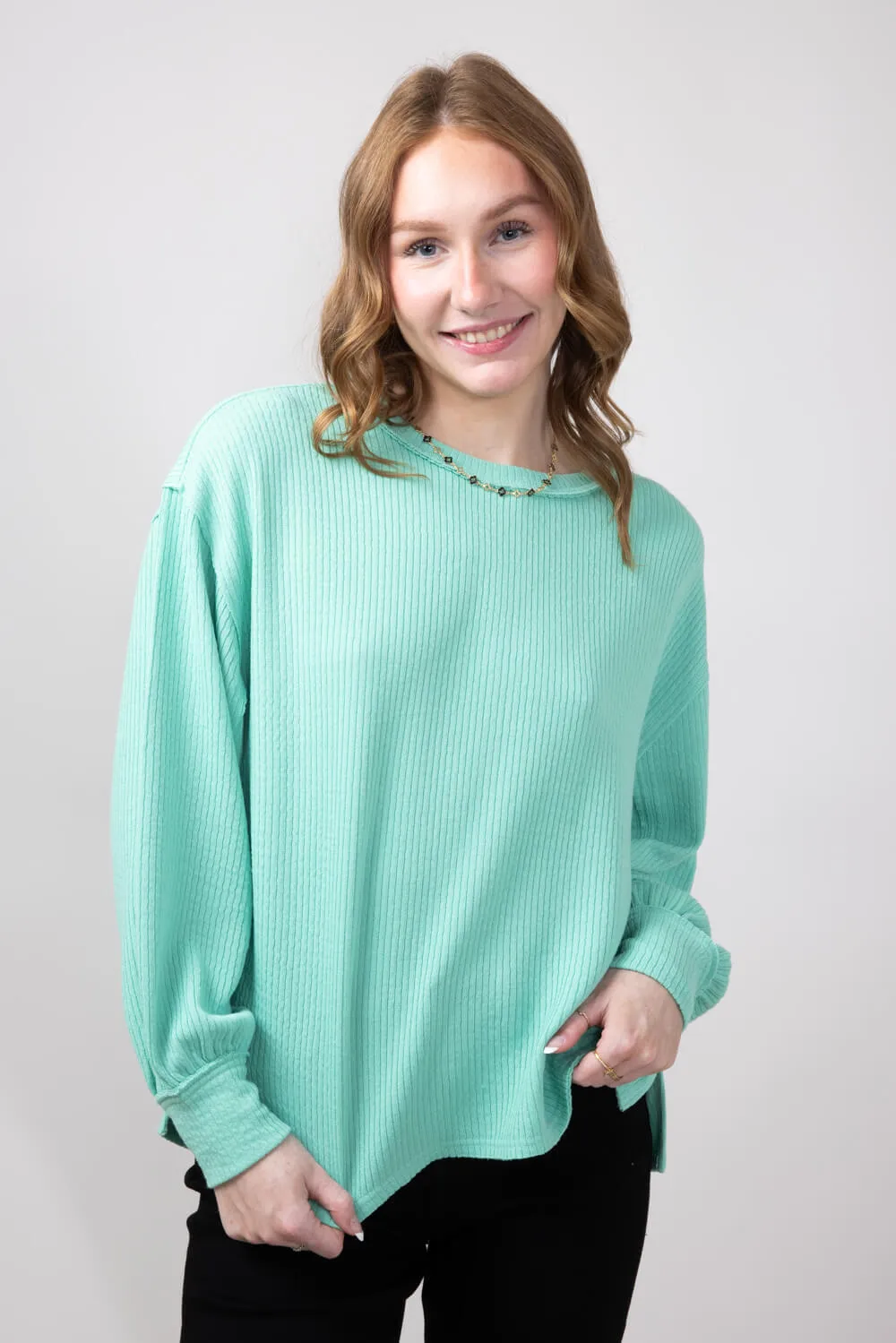 Blu Pepper Crewneck Ribbed Knit Shirt for Women in Mint | B2FT1043-MINT