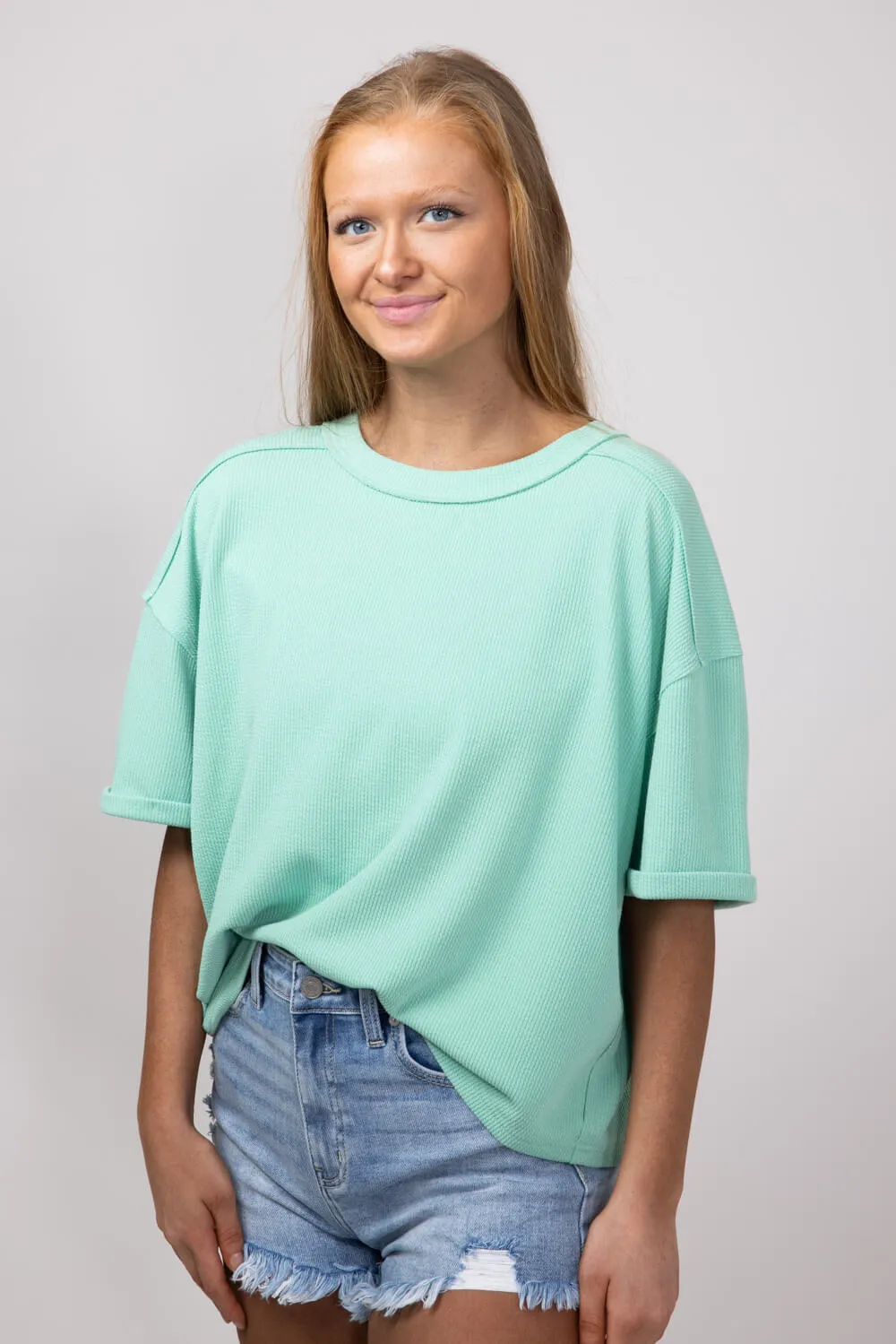 Blu Pepper Crewneck Ribbed Knit Shirt for Women in Mint | B4ST1053-MINT