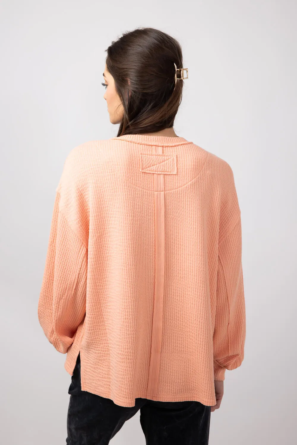 Blu Pepper Crewneck Ribbed Knit Shirt for Women in Peach | B2FT1043-PEACH