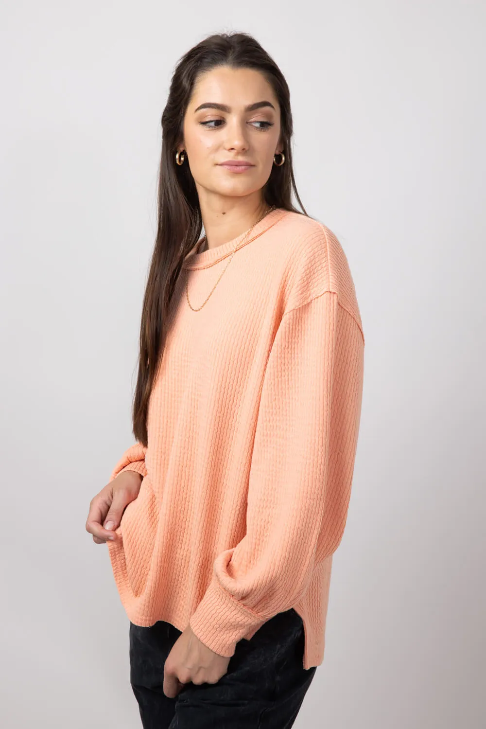 Blu Pepper Crewneck Ribbed Knit Shirt for Women in Peach | B2FT1043-PEACH