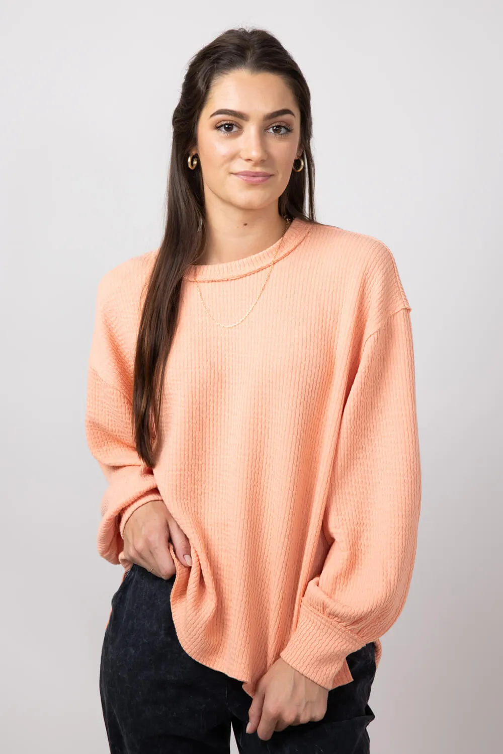 Blu Pepper Crewneck Ribbed Knit Shirt for Women in Peach | B2FT1043-PEACH