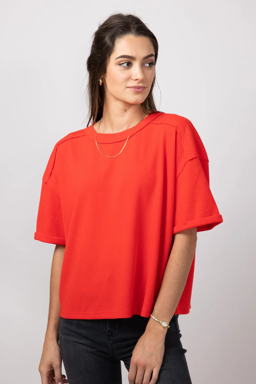 Blu Pepper Crewneck Ribbed Knit Shirt for Women in Red | B4ST1053-RED