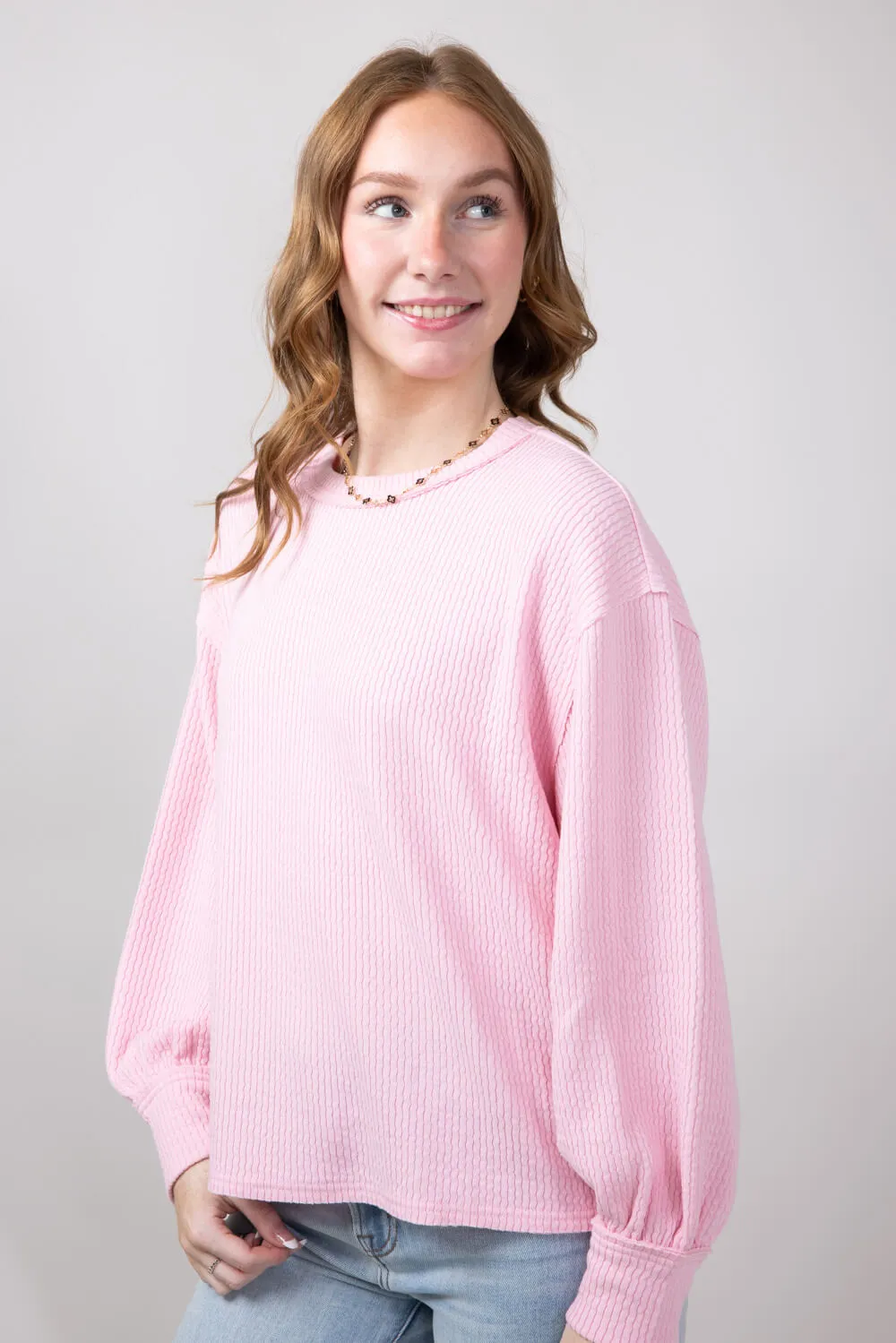 Blu Pepper Crewneck Ribbed Knit Shirt for Women in Rose | B2FT1043-ROSE