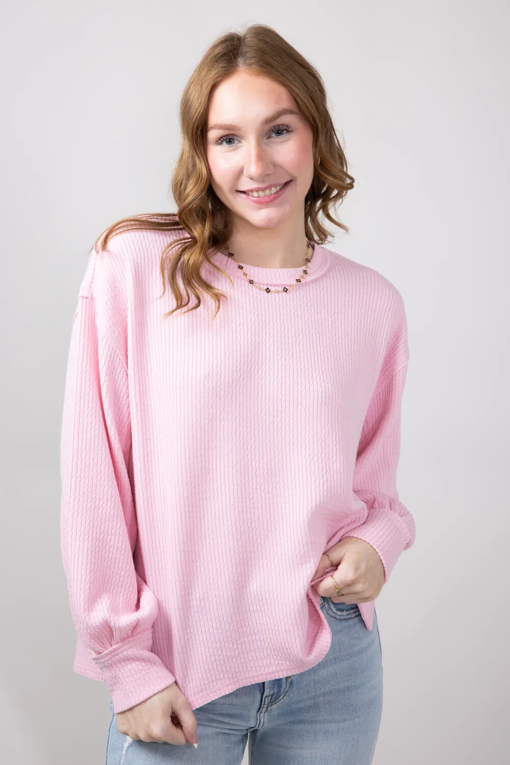 Blu Pepper Crewneck Ribbed Knit Shirt for Women in Rose | B2FT1043-ROSE