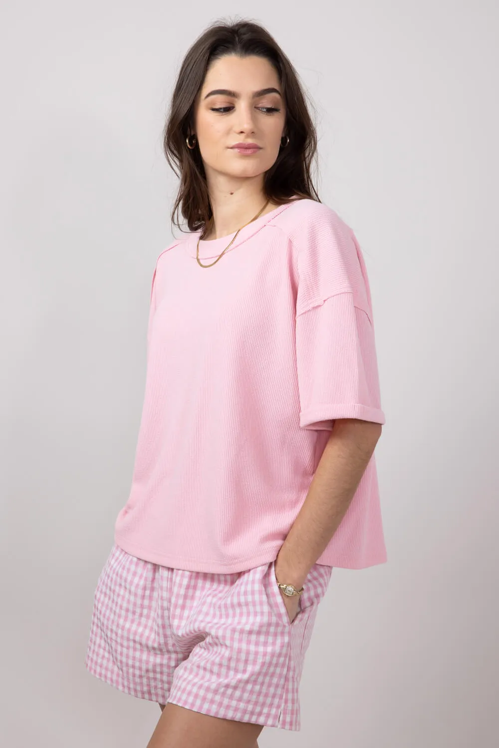 Blu Pepper Crewneck Ribbed Knit Shirt for Women in Rose | B4ST1053-ROSE