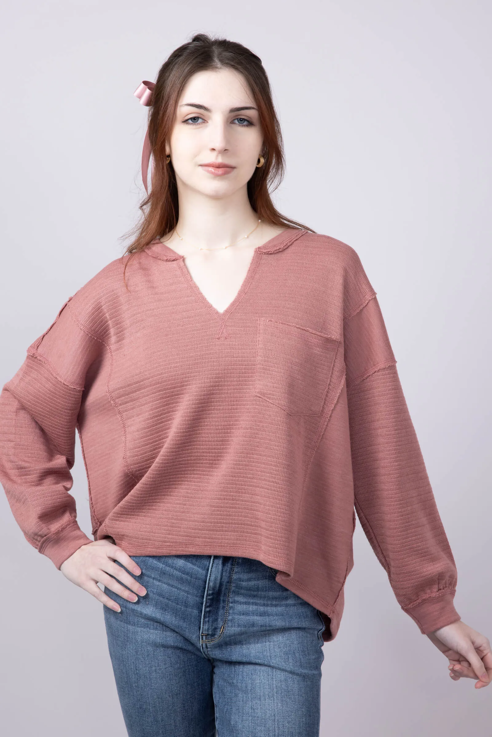 Blu Pepper Notched V-neck Knit Top for Women in Dusty Rose | B3FT1034-DUSTYROSE