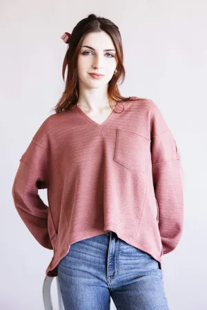 Blu Pepper Notched V-neck Knit Top for Women in Dusty Rose | B3FT1034-DUSTYROSE