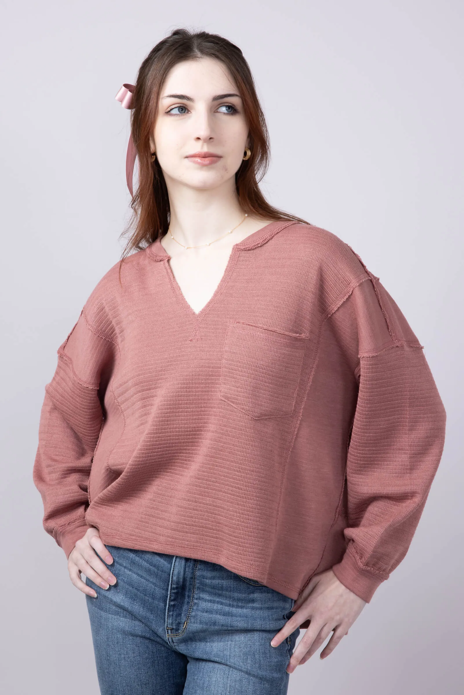 Blu Pepper Notched V-neck Knit Top for Women in Dusty Rose | B3FT1034-DUSTYROSE