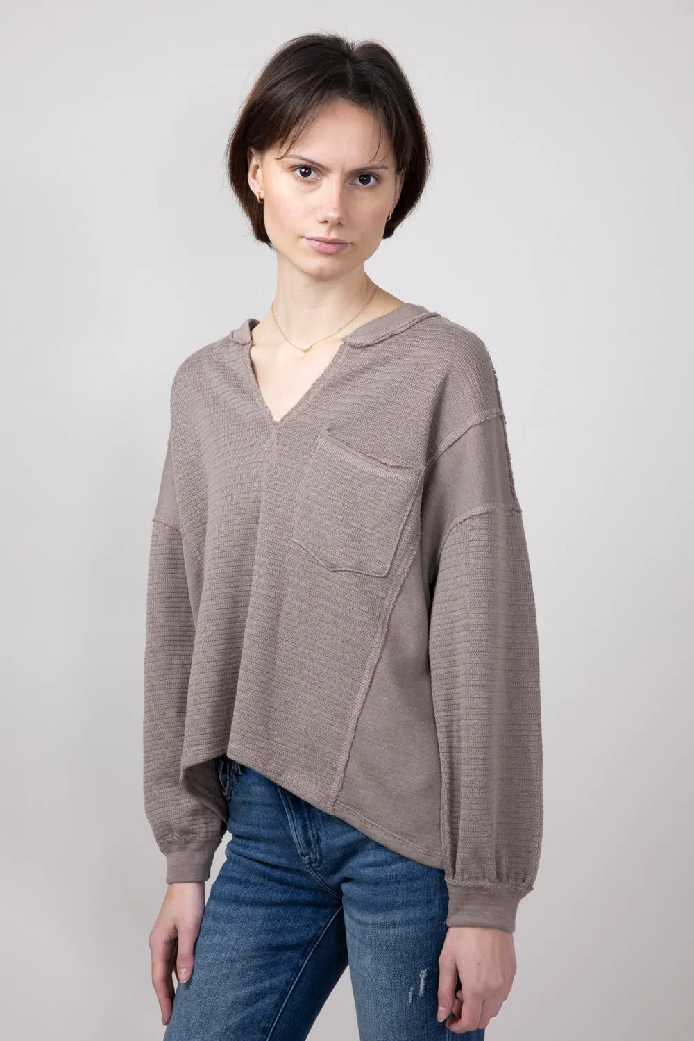 Blu Pepper Notched V-neck Knit Top for Women in Light Mocha | B3FT1034-LIGHTMOCHA