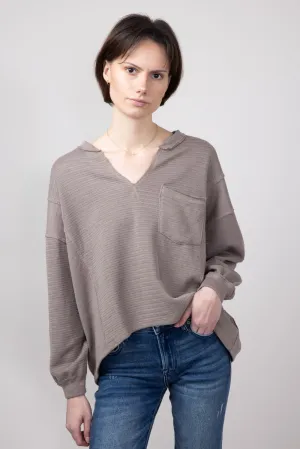 Blu Pepper Notched V-neck Knit Top for Women in Light Mocha | B3FT1034-LIGHTMOCHA