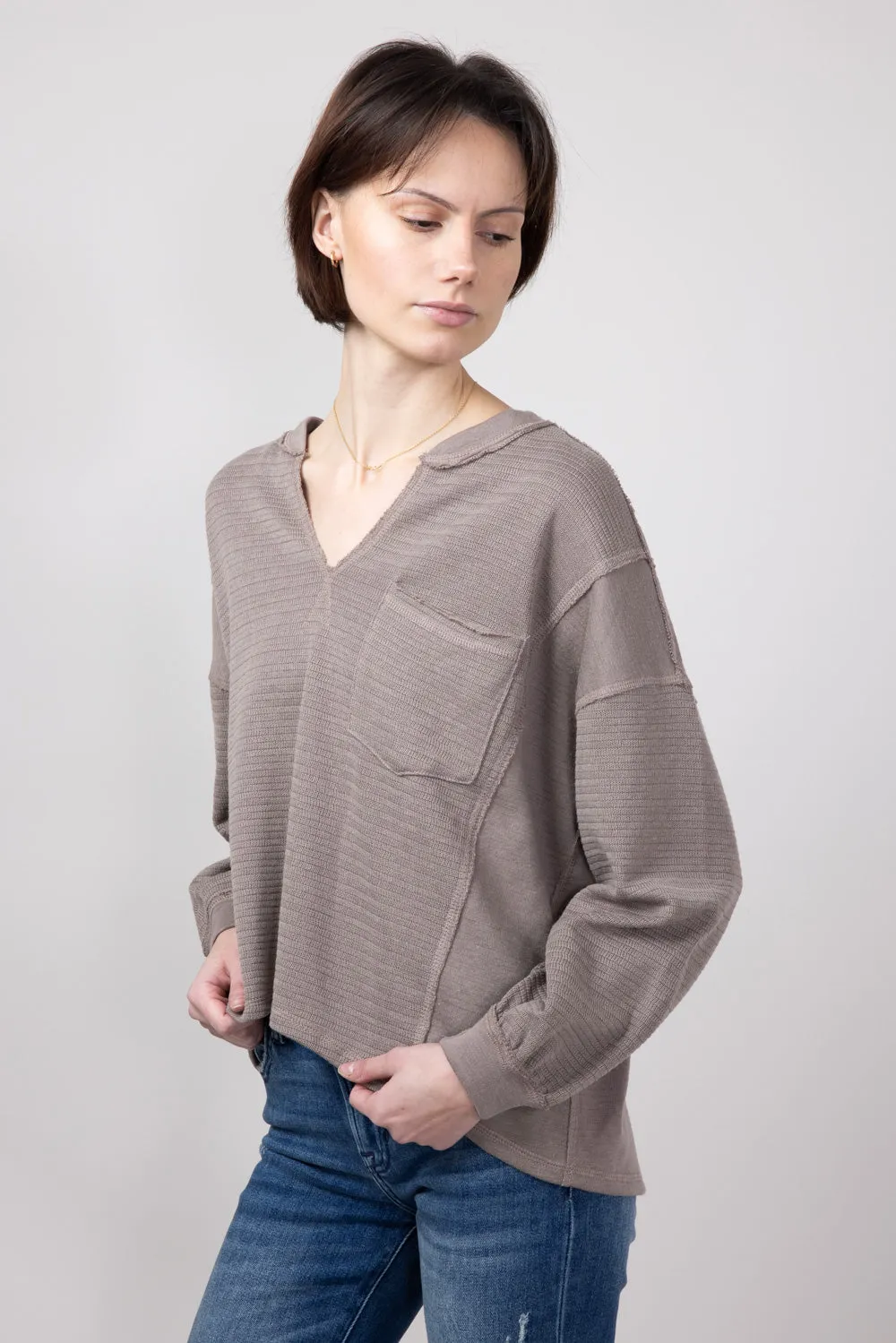 Blu Pepper Notched V-neck Knit Top for Women in Light Mocha | B3FT1034-LIGHTMOCHA