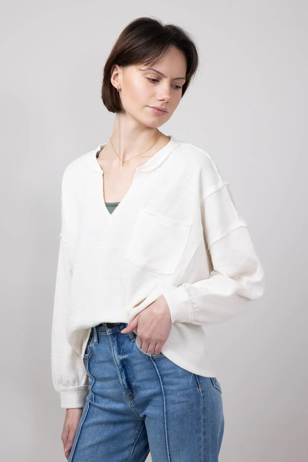 Blu Pepper Notched V-neck Knit Top for Women in Oatmeal | B3FT1034-OATMEAL