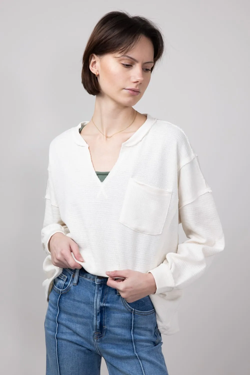 Blu Pepper Notched V-neck Knit Top for Women in Oatmeal | B3FT1034-OATMEAL