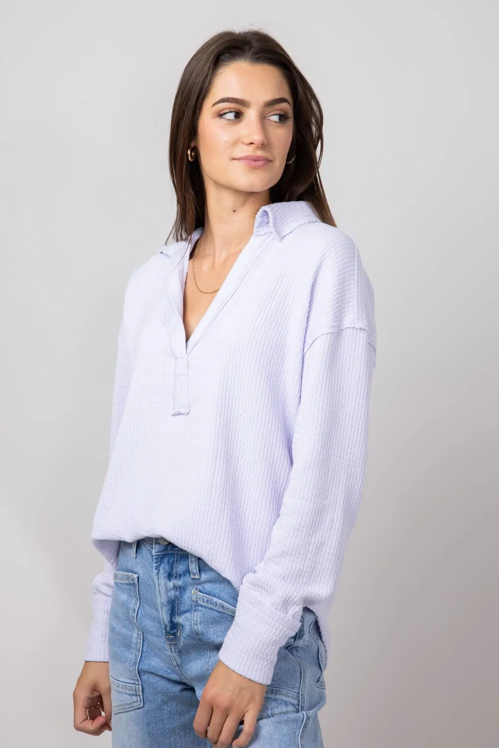 Blu Pepper Ribbed Knit Johnny Collar Polo Shirt for Women in Lavender | B3FT1012-LAVENDER