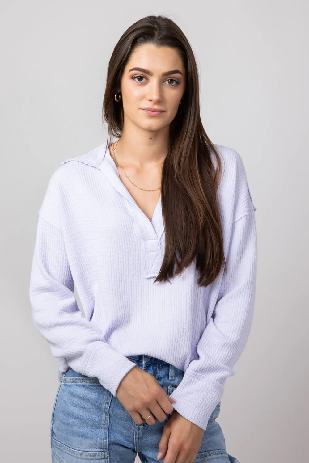 Blu Pepper Ribbed Knit Johnny Collar Polo Shirt for Women in Lavender | B3FT1012-LAVENDER