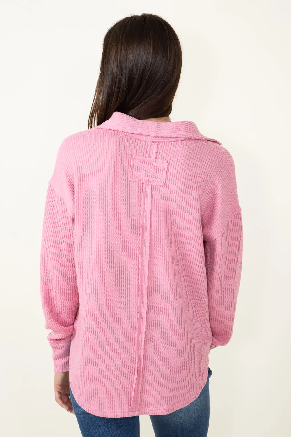 Blu Pepper Ribbed Knit Johnny Collar Polo Shirt for Women in Mauve | B3FT1012-MAUVE