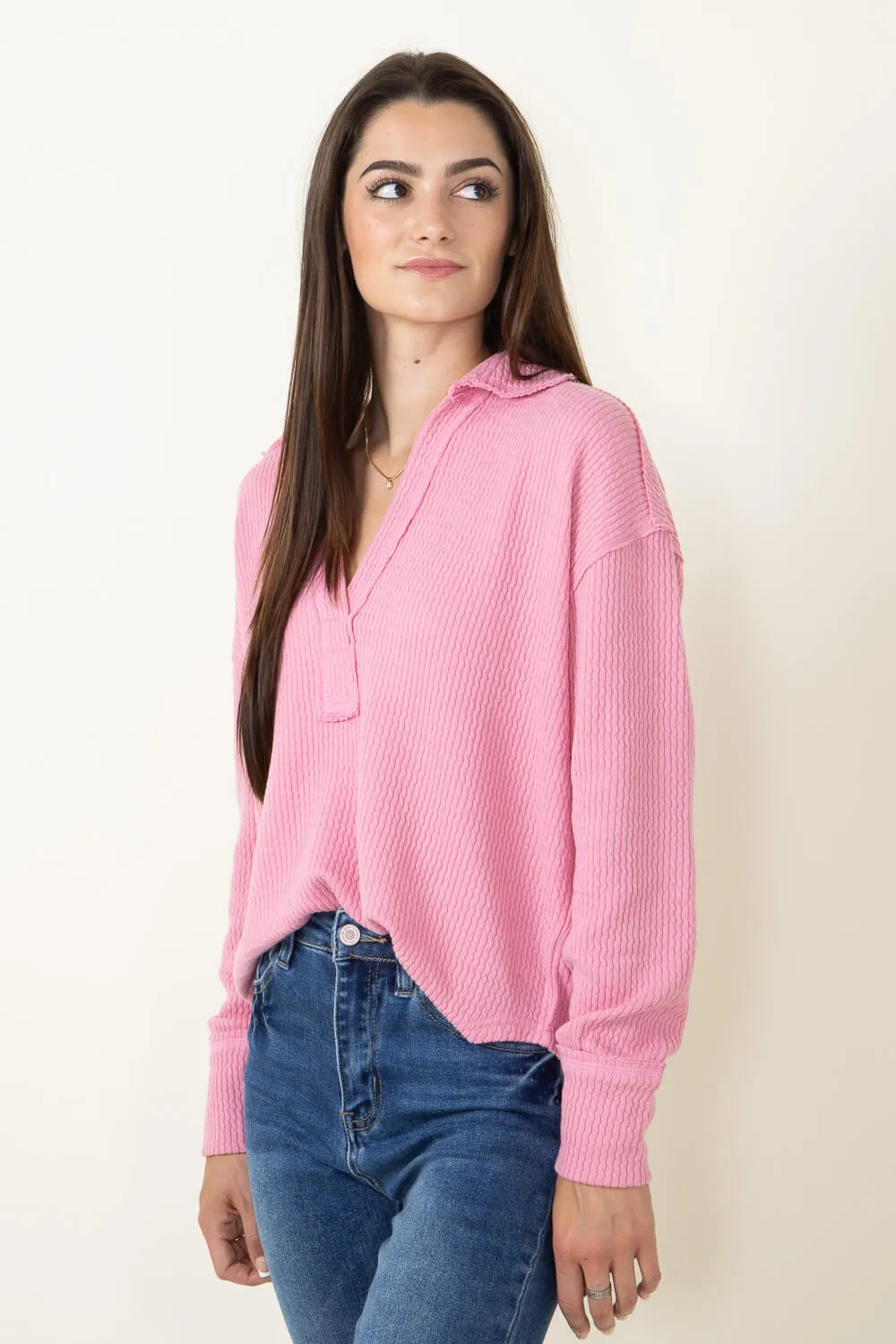 Blu Pepper Ribbed Knit Johnny Collar Polo Shirt for Women in Mauve | B3FT1012-MAUVE