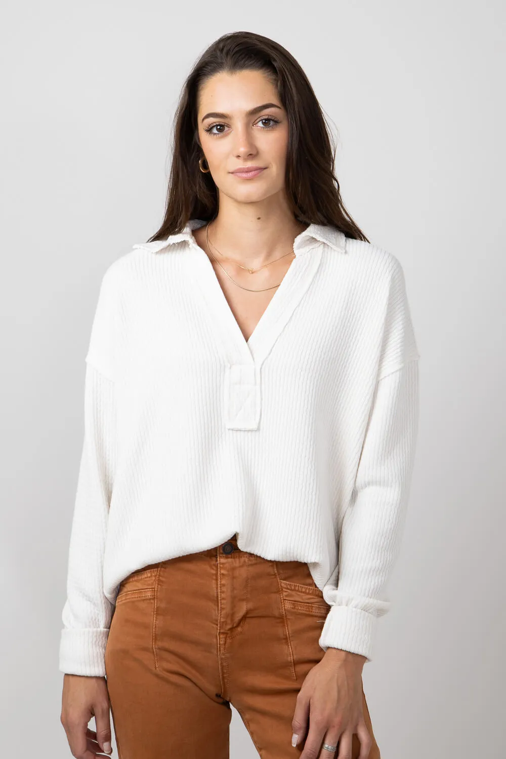 Blu Pepper Ribbed Knit Johnny Collar Polo Shirt for Women in Oatmeal | B3FT1012-OATMEAL