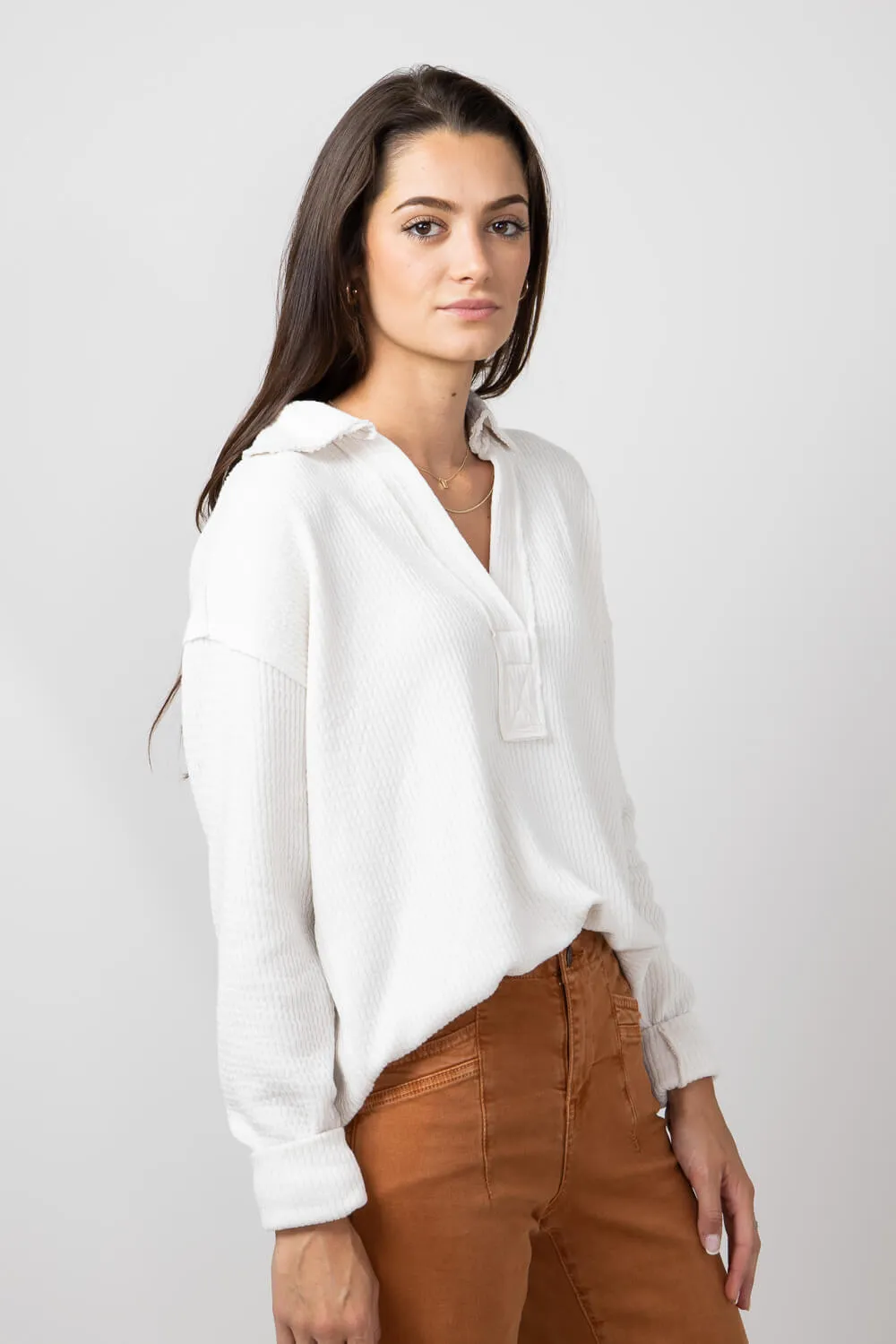 Blu Pepper Ribbed Knit Johnny Collar Polo Shirt for Women in Oatmeal | B3FT1012-OATMEAL
