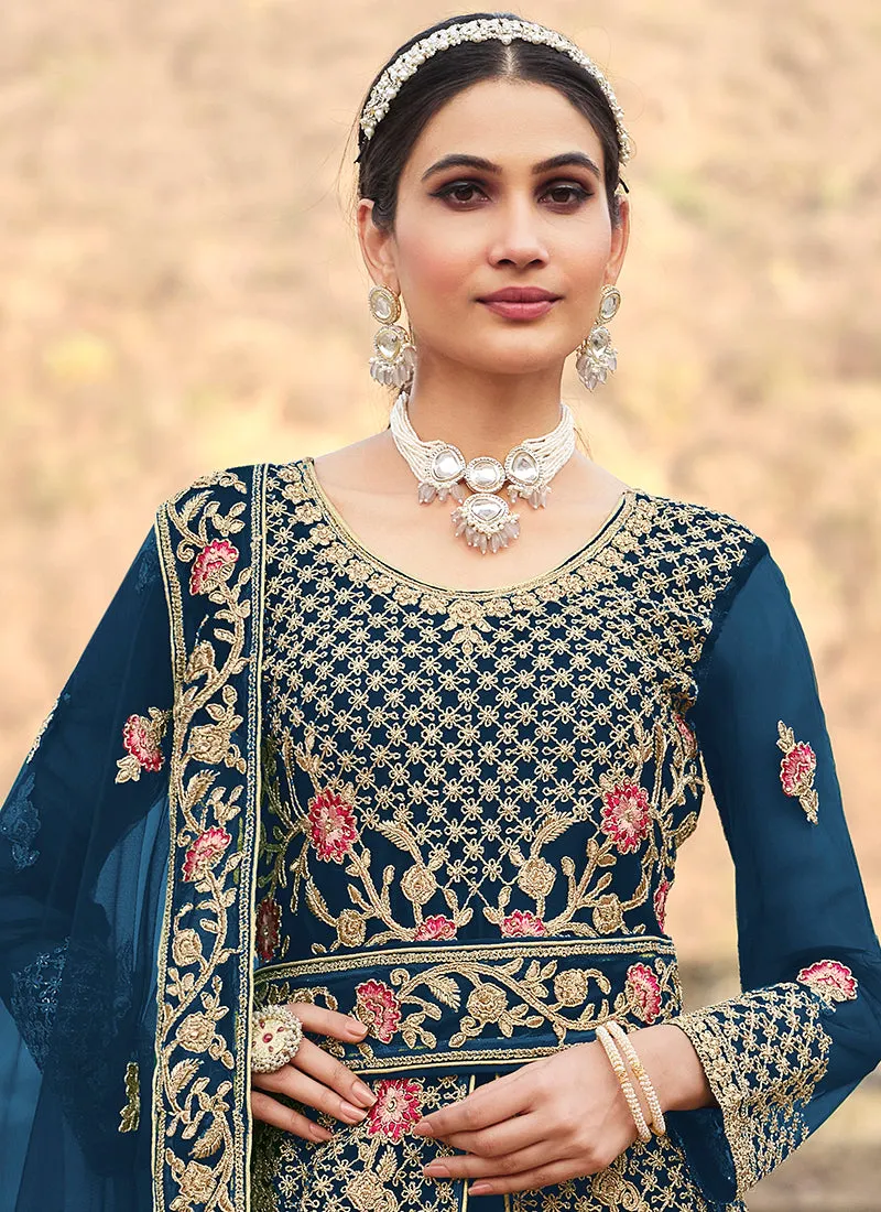 Blue Multi Embroidery Slit Style Anarkali Lehenga