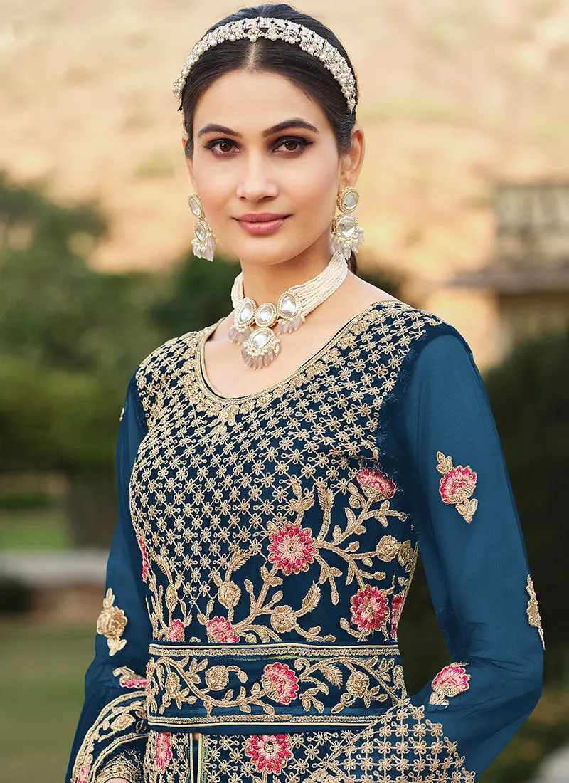 Blue Multi Embroidery Slit Style Anarkali Lehenga