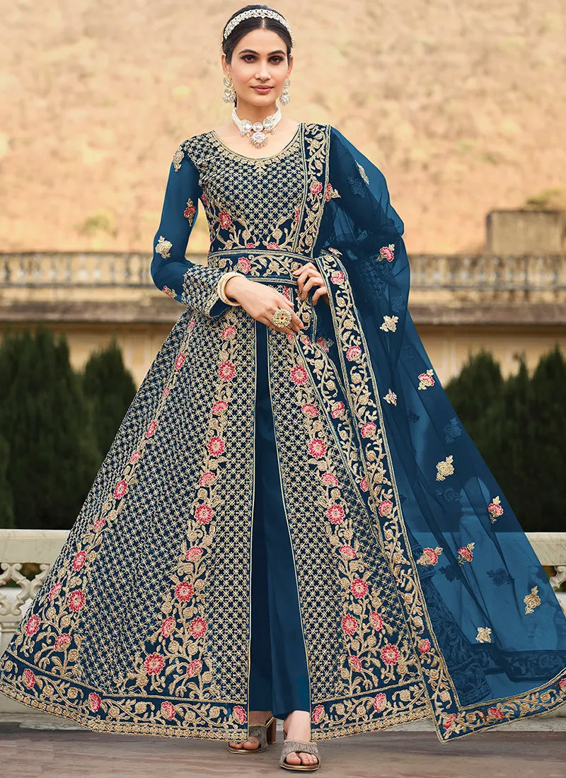 Blue Multi Embroidery Slit Style Anarkali Lehenga