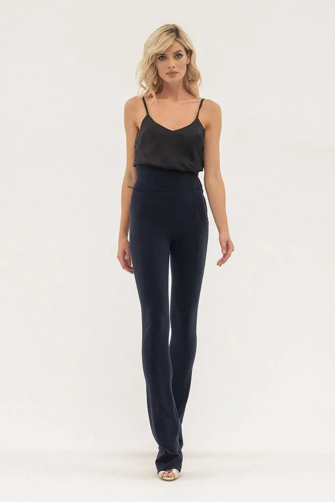 Blue Office High Waist Solid Color Straight Pants