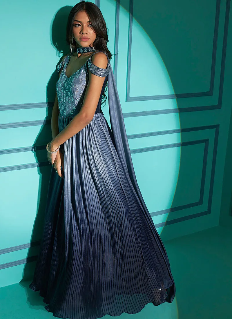 Blue Sequence Embroidery Ombré Kalidar Anarkali Gown