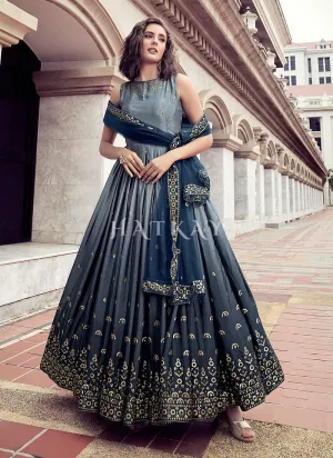 Blue Sequence Embroidery Shaded Kalidar Anarkali Gown