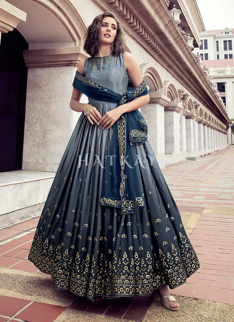 Blue Sequence Embroidery Shaded Kalidar Anarkali Gown