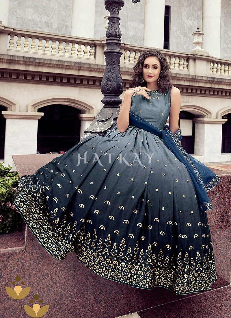 Blue Sequence Embroidery Shaded Kalidar Anarkali Gown