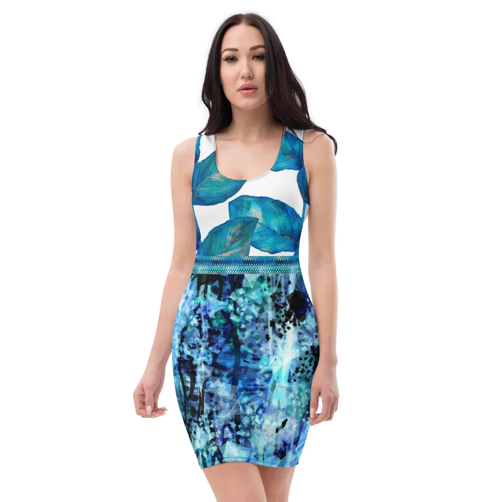 Blues and Black Watercolor Splash and Leaves - Printed Dress