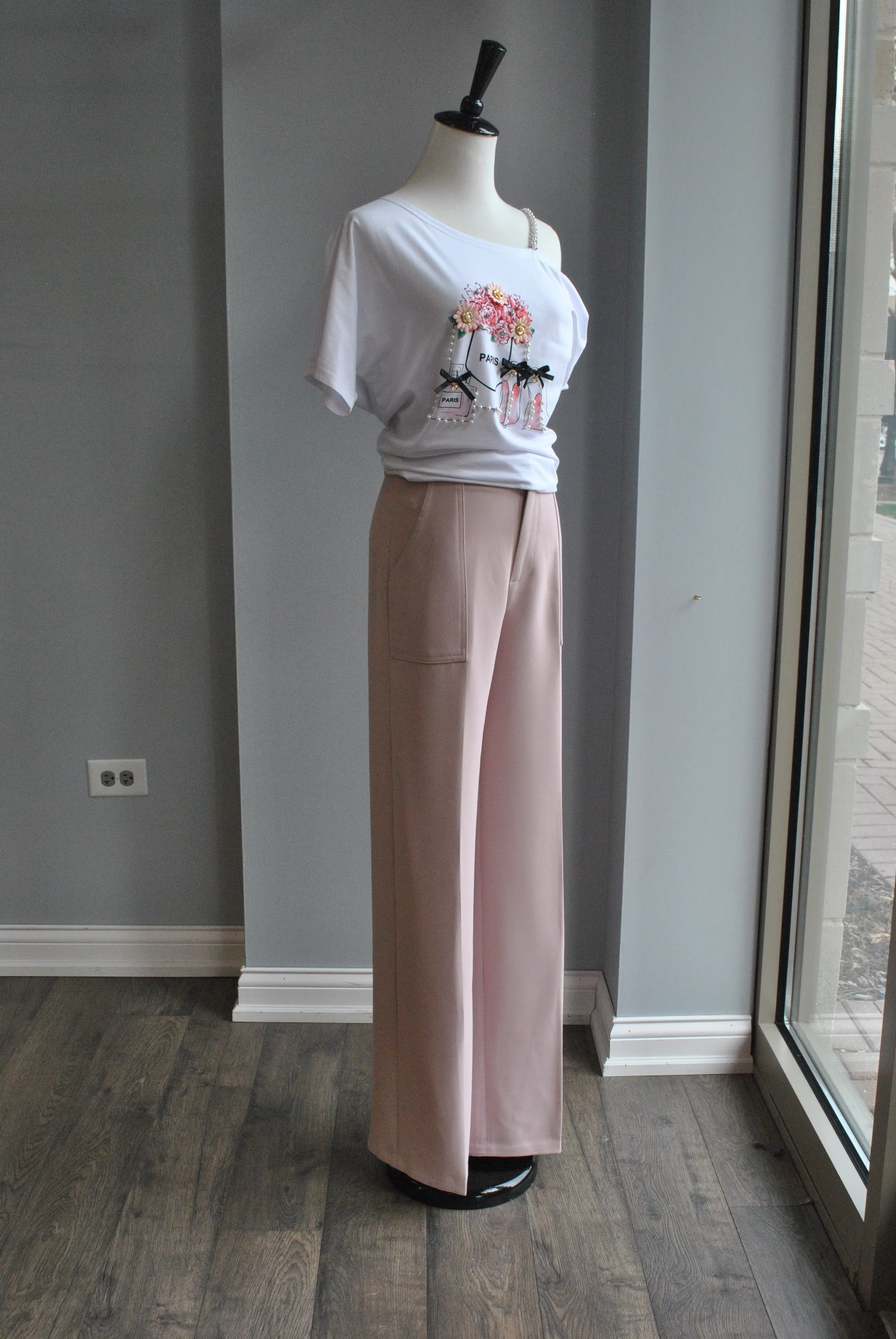 BLUSH PINK HIGH WAISTED FLAIR PANTS
